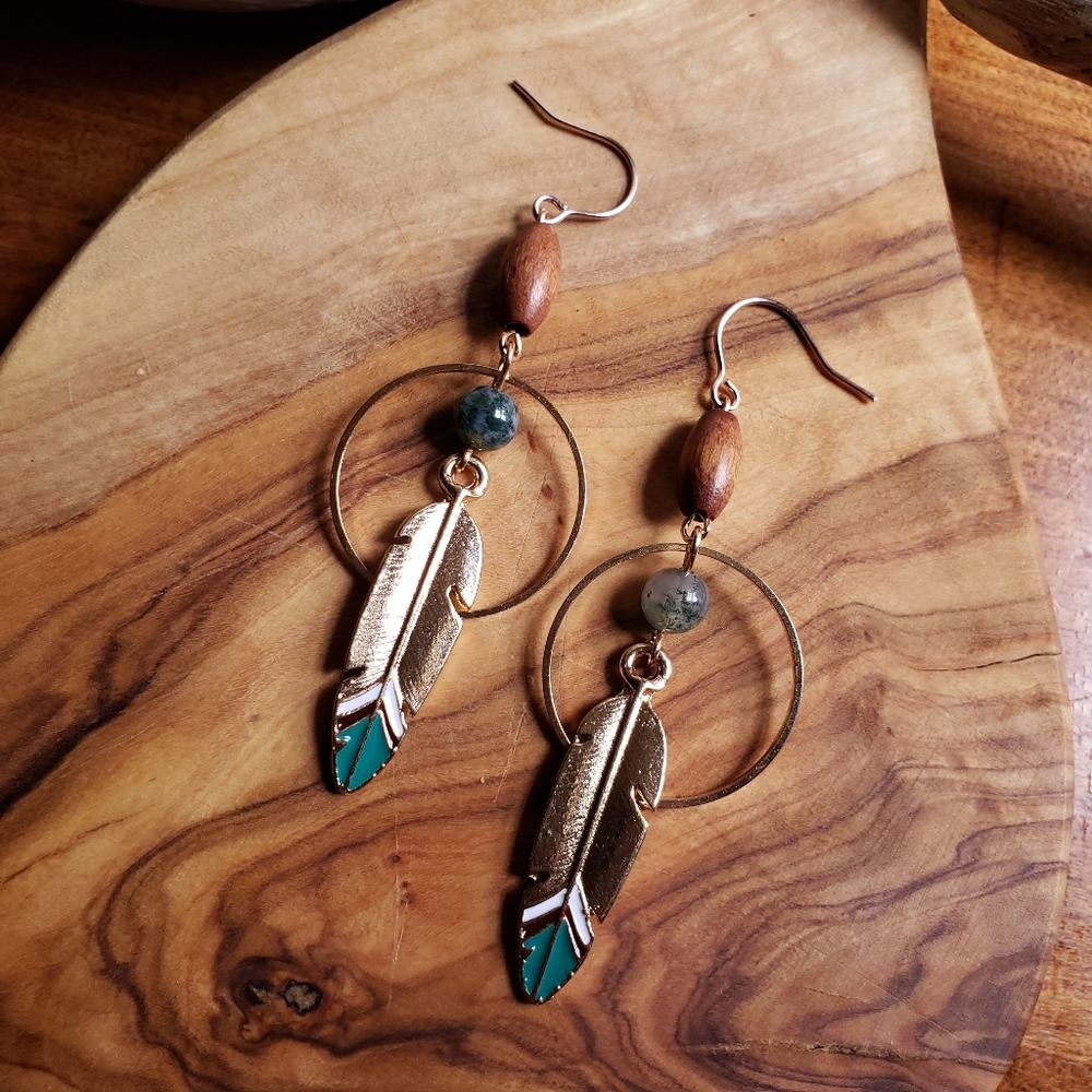Jasper Feather Geometric Bohemian Hippie Earrings